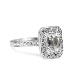 18ct White Gold Deco Style Emerald Cut Diamond Halo Ring