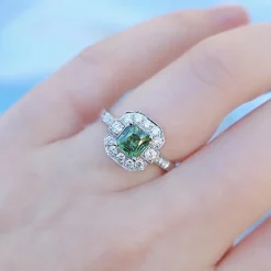 18ct White Gold Deco Style Green Sapphire and Diamond Ring