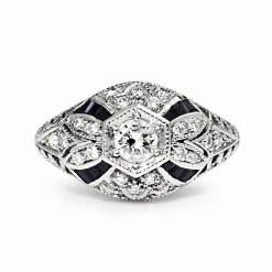 18ct White Gold Diamond and Onyx Art Deco Style Ring