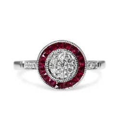 9ct White Gold Diamond Cluster and Ruby Halo Deco Style Ring