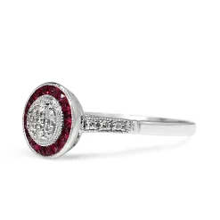 9ct White Gold Diamond Cluster and Ruby Halo Deco Style Ring