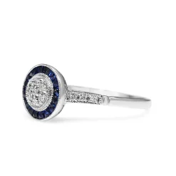 9ct White Gold Diamond Cluster and Sapphire Halo Deco Style Ring