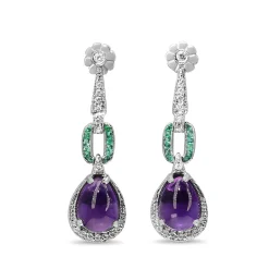 9ct White Gold Diamond, Emerald and Amethyst Art Deco Style Drop Earrings