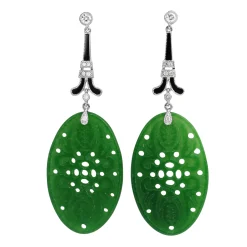 18ct White Gold Diamond, Onyx and Jade Drop Earrings