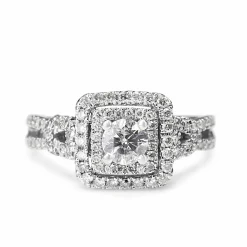 14ct White Gold Double Row Diamond Halo Cluster Ring