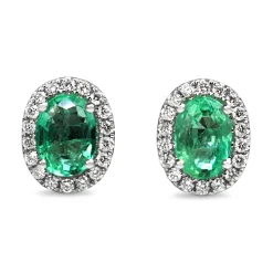 18ct White Gold Emerald and Diamond Halo Earrings