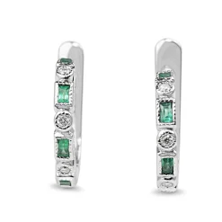9ct White Gold Emerald and Diamond Deco Style Hoop Earrings