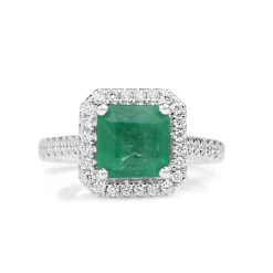 18ct White Gold Emerald and Diamond Square Halo Ring