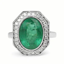 18ct White Gold Emerald and Diamond Art Deco Style Halo Ring