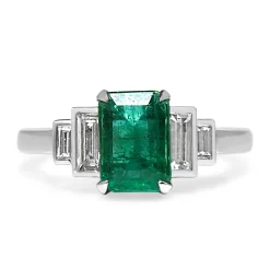 18ct White Gold Emerald and Baguette Diamond Deco Style Step Down Ring