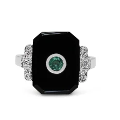 9ct White Gold Emerald and Onyx Deco Style Ring