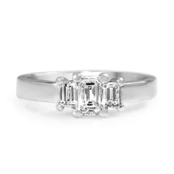 18ct White Gold Emerald and Baguette Diamond 3 Stone Ring