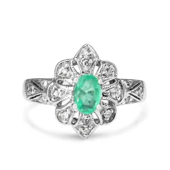 14ct White Gold Emerald and Diamond Deco Style Ring