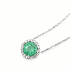 18ct White Gold Emerald and Diamond Halo Necklace