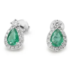 18ct White Gold Emerald and Diamond Pear Shape Halo Earrings