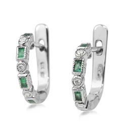 9ct White Gold Emerald and Diamond Deco Style Hoop Earrings