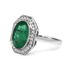 18ct White Gold Emerald and Diamond Art Deco Style Halo Ring