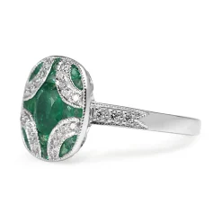 9ct White Gold Emerald and Diamond Art Deco Style Ring