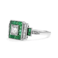 18ct White Gold Emerald and Diamond Deco Style Old Cut Diamond Ring