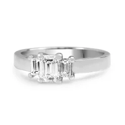 18ct White Gold Emerald and Baguette Diamond 3 Stone Ring