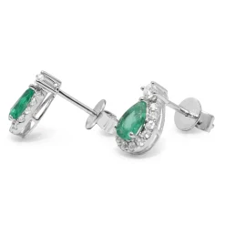 18ct White Gold Emerald and Diamond Pear Shape Halo Earrings