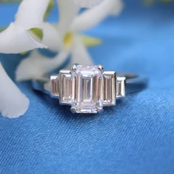 18ct White Gold Emerald and Baguette 5 Stone Diamond Ring