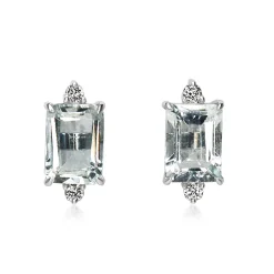 18ct White Gold Emerald Cut Aquamarine and Diamond Stud Earrings