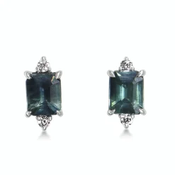 18ct White Gold Emerald Cut Sapphire and Diamond Stud Earrings