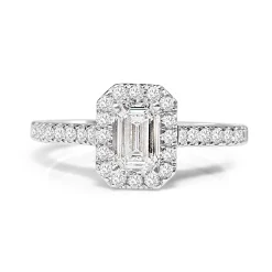 18ct White Gold Emerald Cut Halo Ring