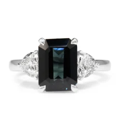 18ct White Gold Emerald Cut Sapphire and Diamond Heart 3 Stone Ring