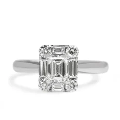 18ct White Gold Emerald Cut Diamond Halo Ring