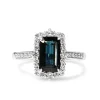 18ct White Gold Emerald Cut Sapphire and Diamond Halo Ring