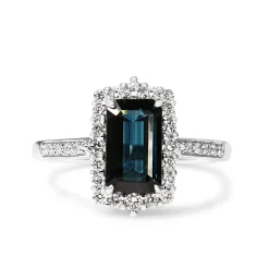 18ct White Gold Emerald Cut Sapphire and Diamond Halo Ring