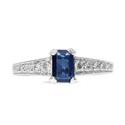 18ct White Gold Emerald Cut Sapphire and Diamond Ring