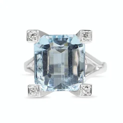 18ct White Gold Emerald Cut Aquamarine and Diamond Claw Cocktail Ring