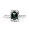 18ct White Gold Emerald Cut Teal Sapphire and Diamond Halo Ring
