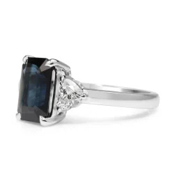 18ct White Gold Emerald Cut Sapphire and Diamond Heart 3 Stone Ring