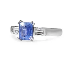 18ct White Gold Emerald Cut Sapphire and Baguette Diamond Ring
