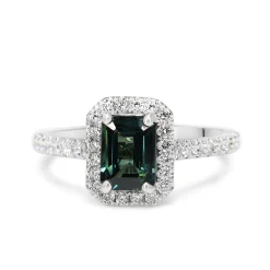 18ct White Gold Emerald Cut Teal Sapphire and Diamond Halo Ring