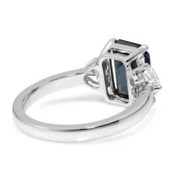 18ct White Gold Emerald Cut Sapphire and Diamond Heart 3 Stone Ring