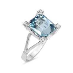 18ct White Gold Emerald Cut Aquamarine and Diamond Claw Cocktail Ring