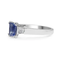 18ct White Gold Emerald Cut Sapphire and Baguette Diamond Ring