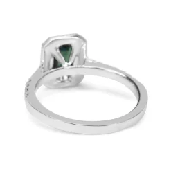 18ct White Gold Emerald Cut Teal Sapphire and Diamond Halo Ring