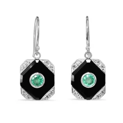 9ct White Gold Emerald, Onyx and Diamond Art Deco Style Earrings