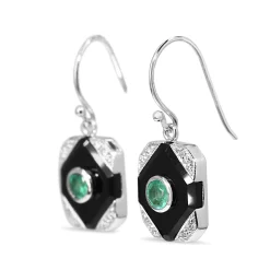 9ct White Gold Emerald, Onyx and Diamond Art Deco Style Earrings