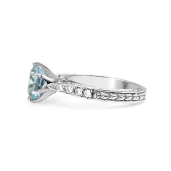 14ct White Gold Engraved Aquamarine and Diamond Solitaire Ring