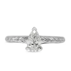 18ct White Gold Etched Pear Diamond Solitaire Ring