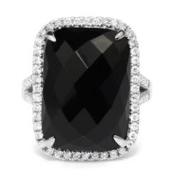 18ct White Gold Faceted Onyx and Diamond Cocktail Ring