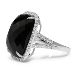 18ct White Gold Faceted Onyx and Diamond Cocktail Ring