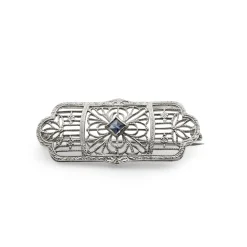 10ct White Gold Filigree Sapphire Brooch